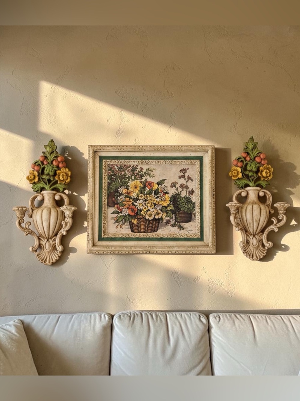 VTG 1978 3 Pc Interiors Floral Framed Wall Art Picture With 2 Double Sconce